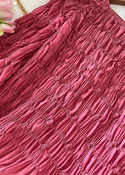 Italian Rose O-neck Wrinkled Silk Long Dresspuff Sleeve