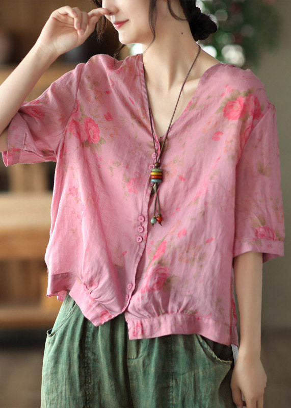 Italian Pink Geometry V Neck Print Button Linen Top Half Sleeve