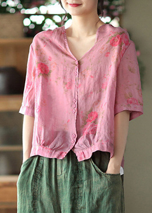 Italian Pink Geometry V Neck Print Button Linen Top Half Sleeve