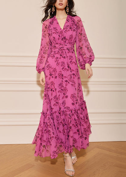Italian Rose V Neck Ruffled Print Silk Long Dresses Fall