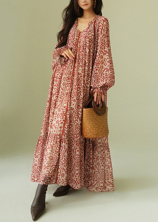 Italian Ruffled Print Lace Up Cotton Long Dress Spring