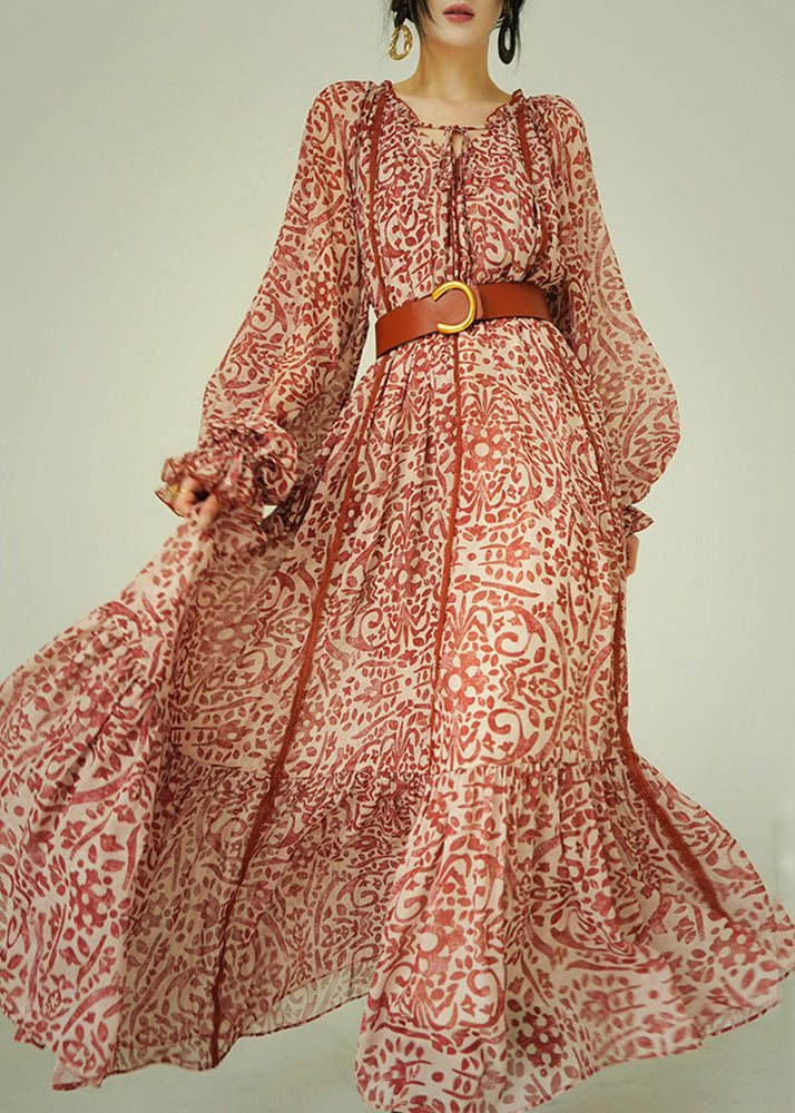 Italian Ruffled Print Lace Up Cotton Long Dress Spring
