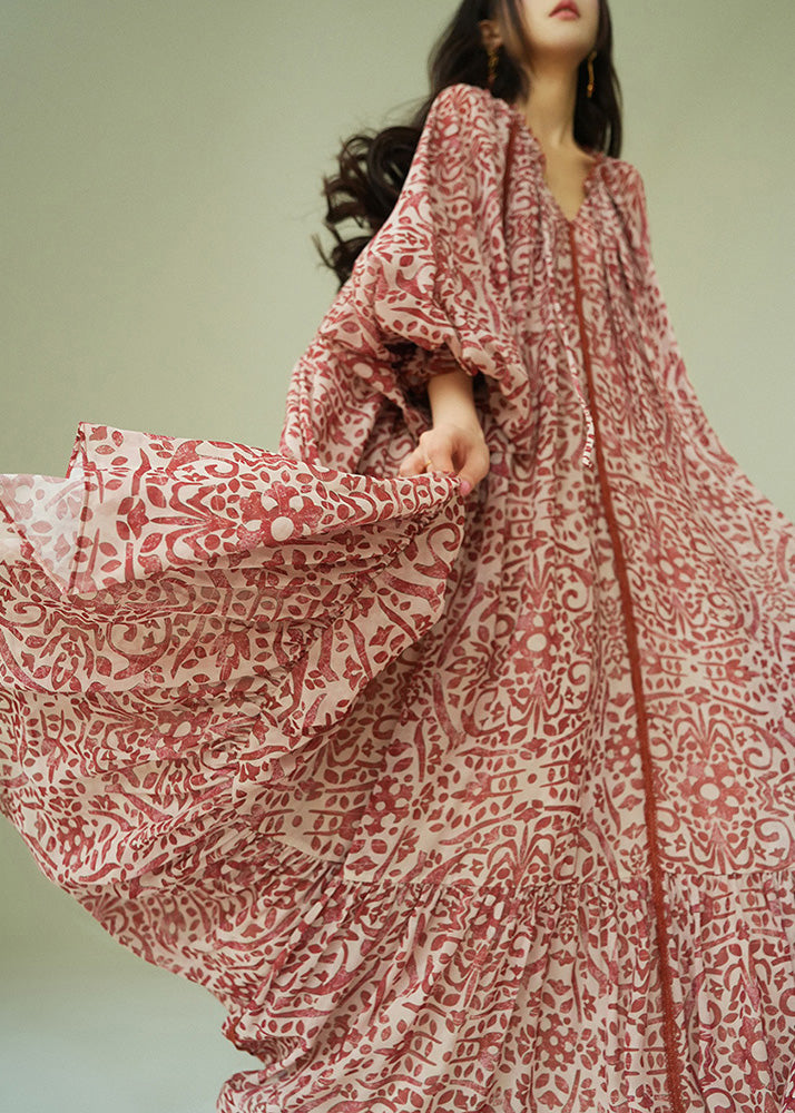 Italian Ruffled Print Lace Up Cotton Long Dress Spring