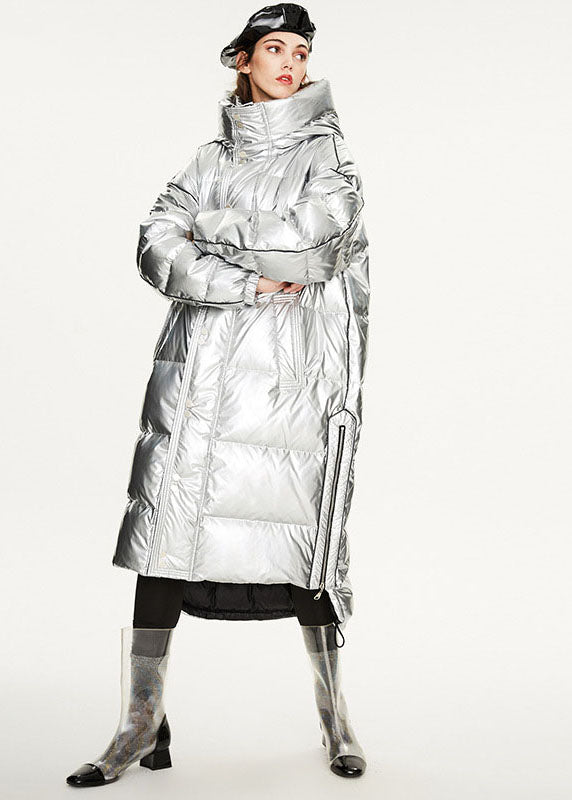 Italian Silvery Oversized Zippered Lengthen Cotton Blend Winter Coats
