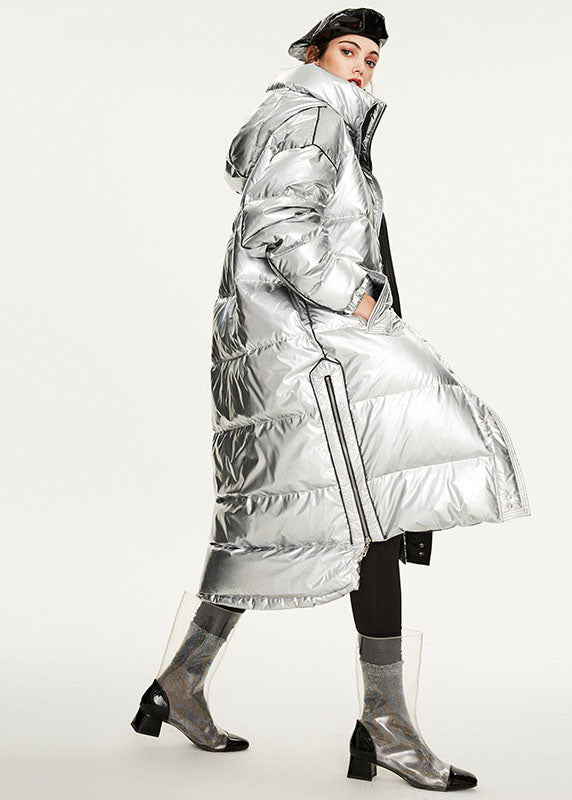 Italian Silvery Oversized Zippered Lengthen Cotton Blend Winter Coats