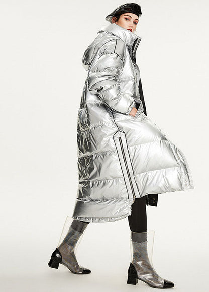 Italian Silvery Oversized Zippered Lengthen Cotton Blend Winter Coats