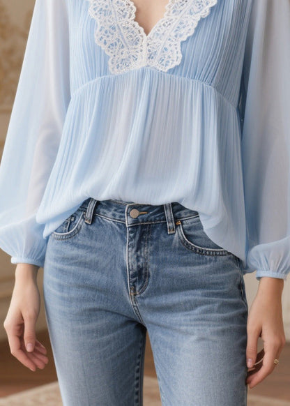 Italian Sky Blue V Neck Patchwork Lace Chiffon Shirt Spring