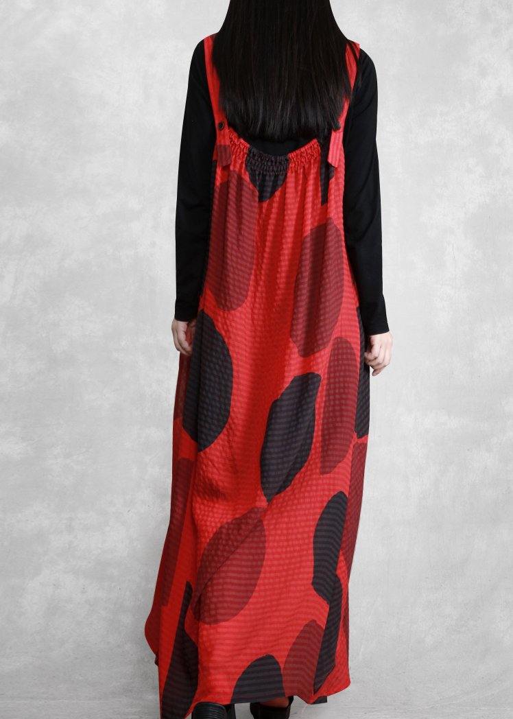 Italian Spaghetti Strap Asymmetric Tunics Red Dotted Loose Dress