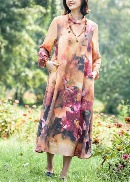 Italian Stand Collar Spring Tunic Dress Neckline Retro Printing Long Dress