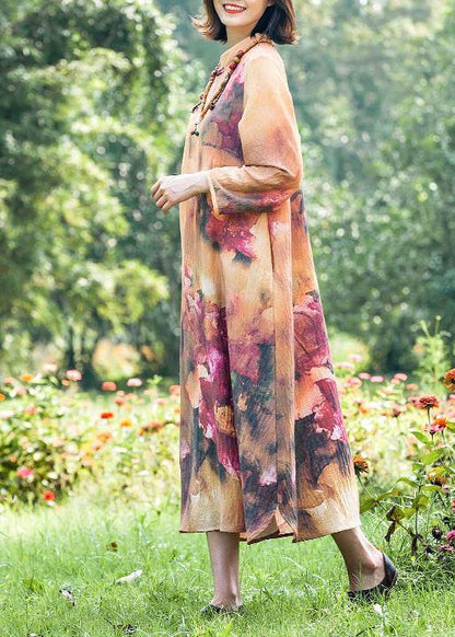 Italian Stand Collar Spring Tunic Dress Neckline Retro Printing Long Dress