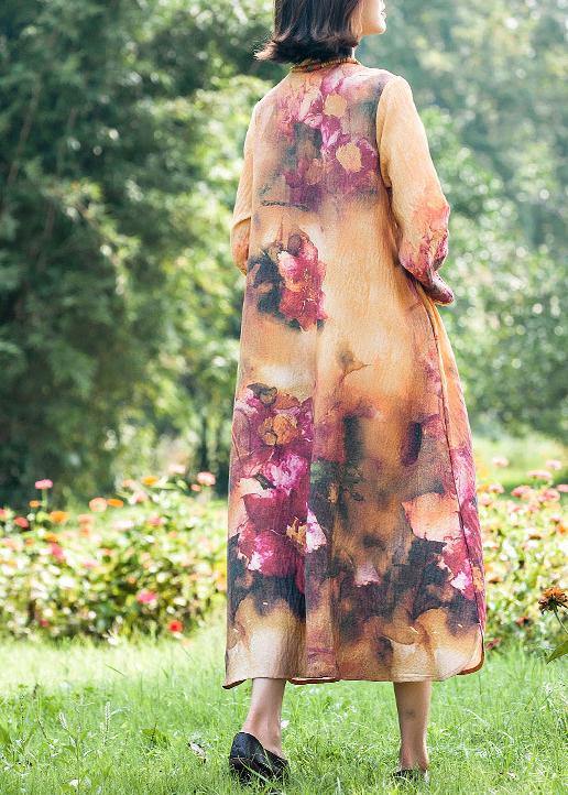 Italian Stand Collar Spring Tunic Dress Neckline Retro Printing Long Dress