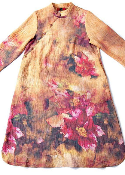 Italian Stand Collar Spring Tunic Dress Neckline Retro Printing Long Dress