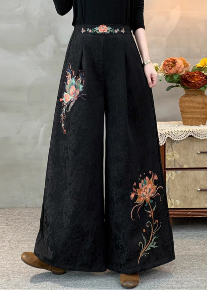 Italian Tea Green Embroidered Jacquard Warm Fleece Wide Leg Pants Winter