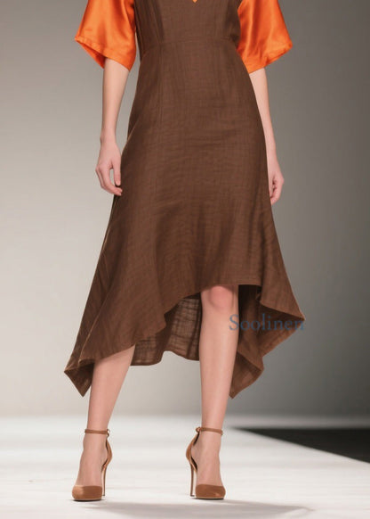 Italian V Neck Asymmetrical Patchwork Linen Silk Dresses Summer
