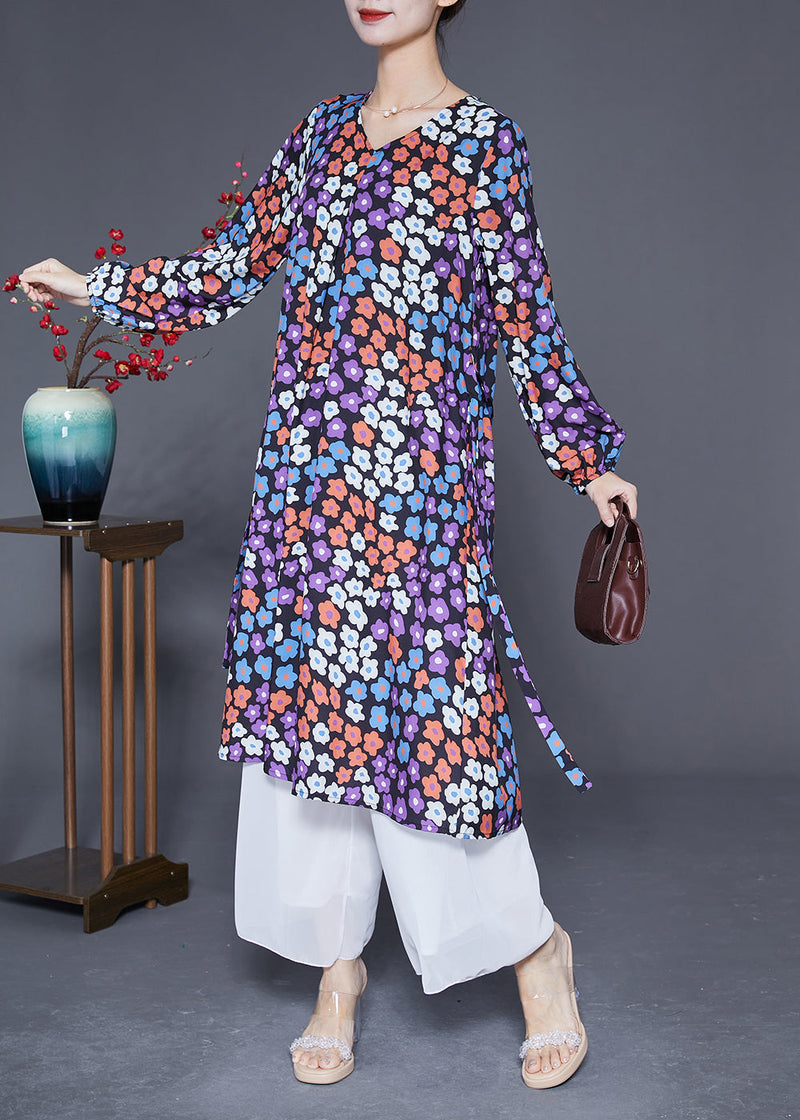Italian V Neck Print Silk Cinched Dresses Long Sleeve