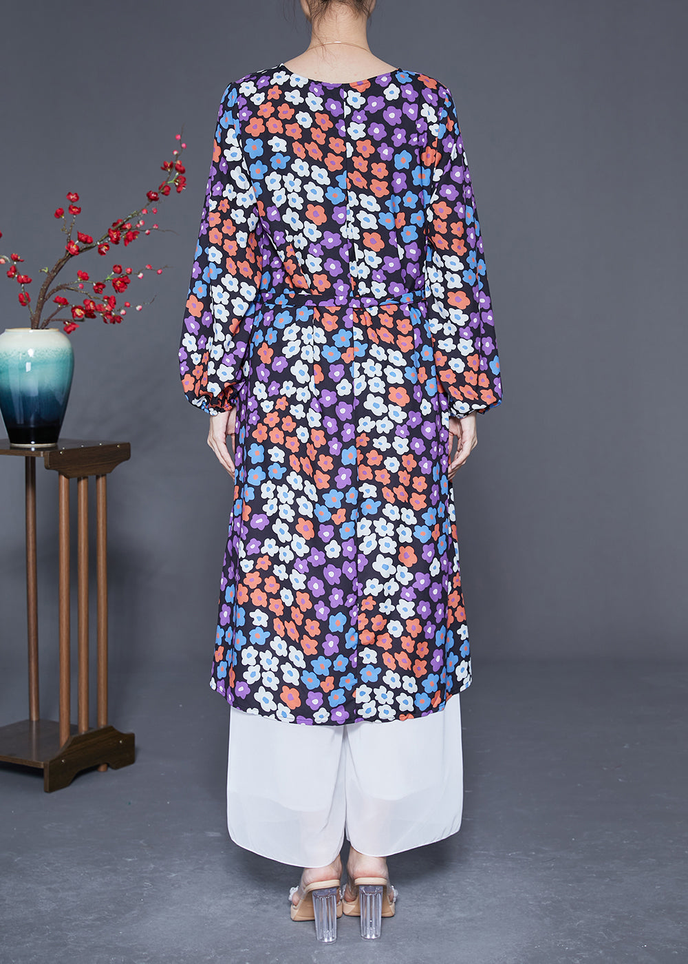Italian V Neck Print Silk Cinched Dresses Long Sleeve