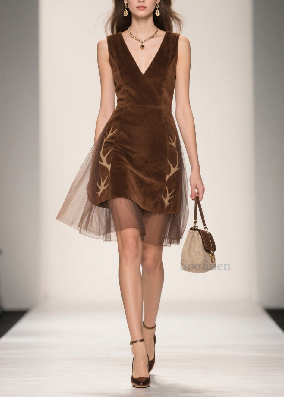 Italian V Neck Tulle Patchwork Velour Dresses Sleeveless