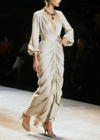 Italian V Neck Wrinkled Cotton Long Dress Spring