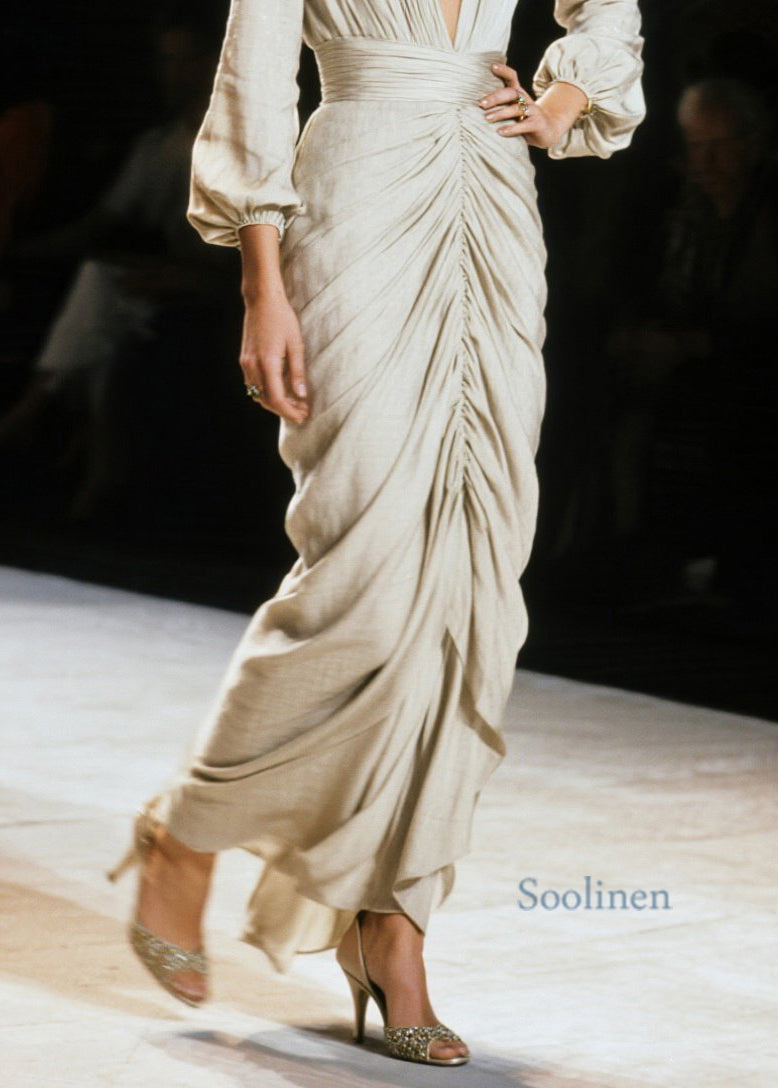 Italian V Neck Wrinkled Cotton Long Dress Spring