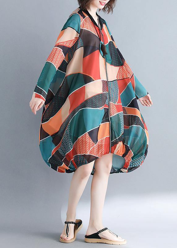 Italian V Neck Zippered Tunics for Catwalk Geometric Maxi Dress