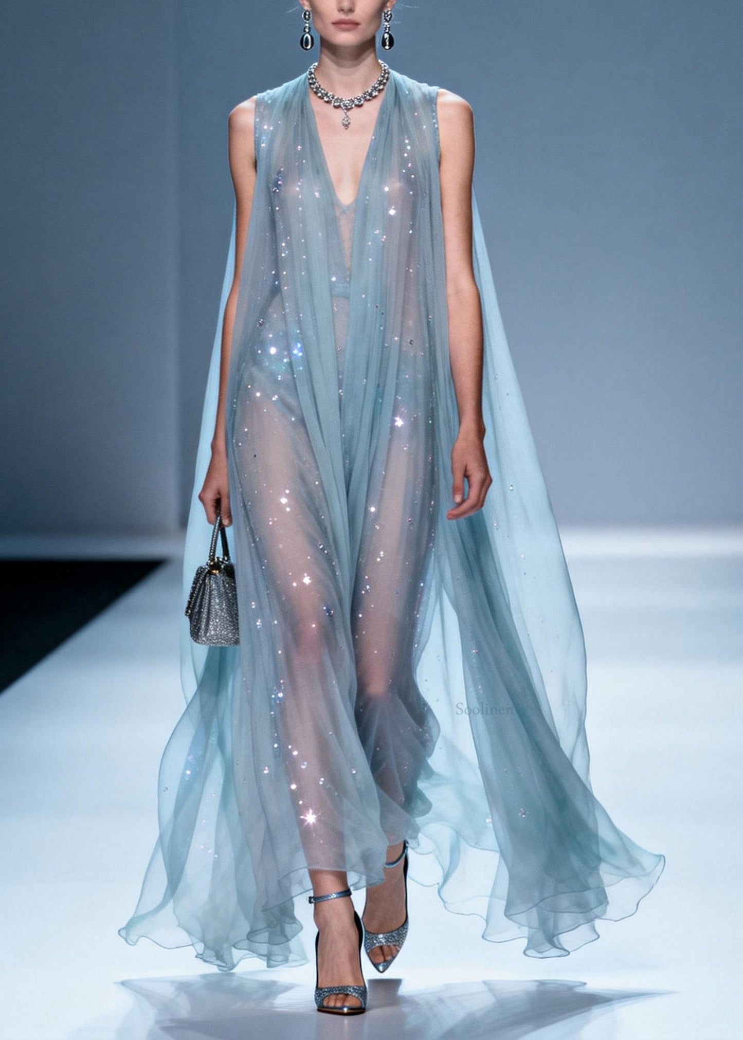 Italian V Neck Zircon Patchwork Chiffon Dress Sleeveless