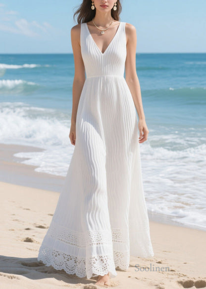 Italian White Hollow Out Wrinkled Chiffon Holiday Dress Summer