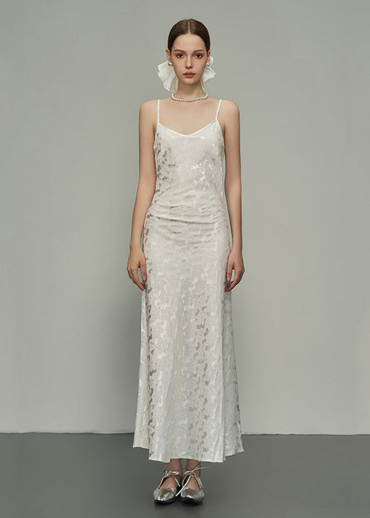 Italian White Jacquard Silk Spaghetti Strap Dress Sleeveless