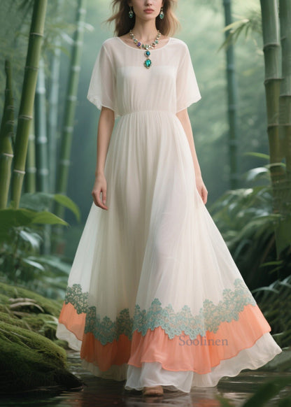 Italian White Lace Patchwork Draping Chiffon Vacation Dresses Summer