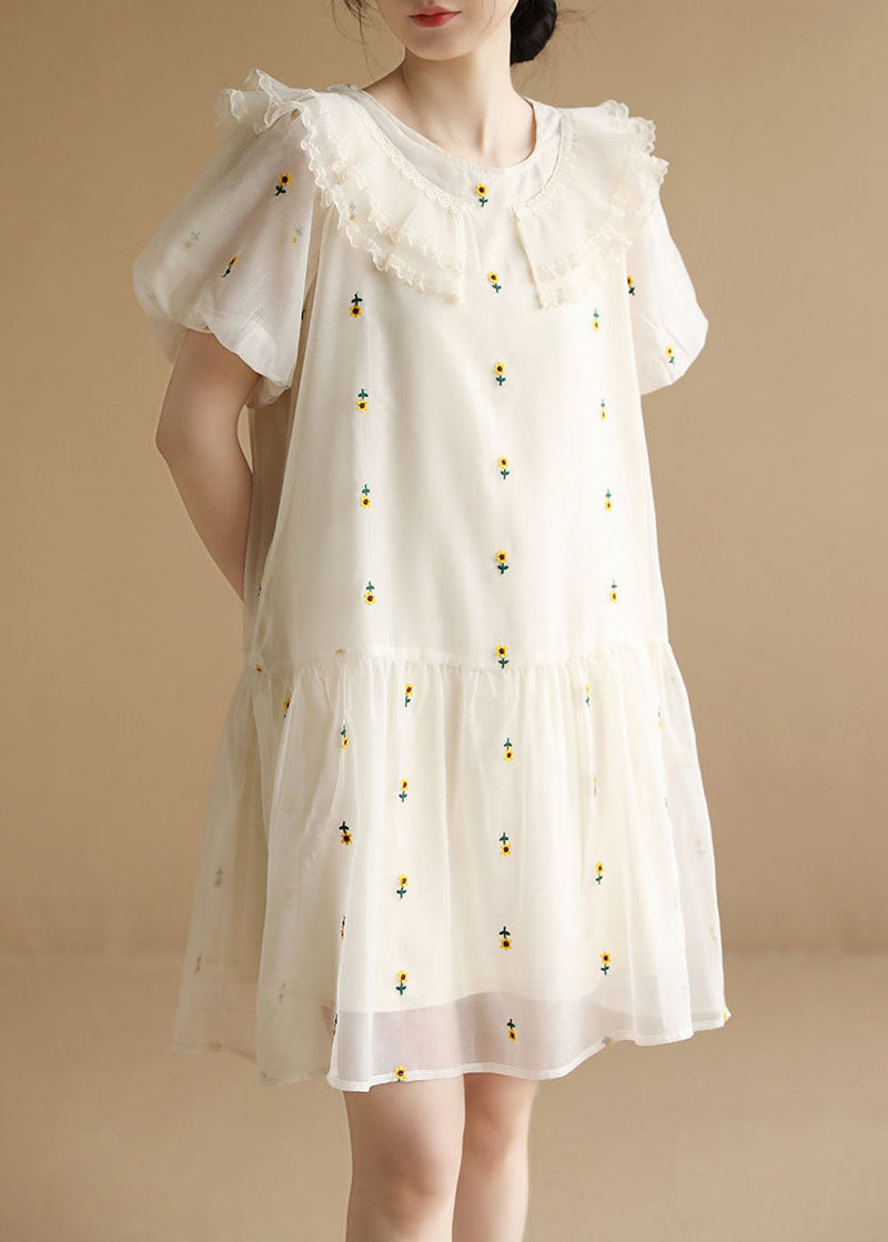 Italian White O-neck Embroideried Tulle Vacation Dresses Short Sleeve