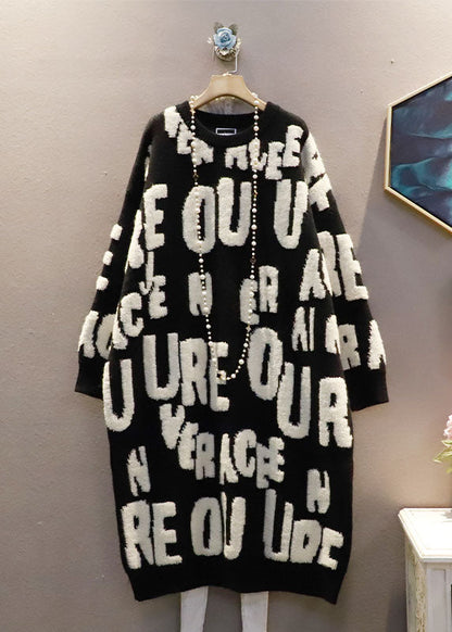 Italian White O-neck Oversized Letter Jacquard Long Sweater Winter