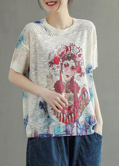 Italian White O-neck Print Summer Hollow Out Short Sleeve
