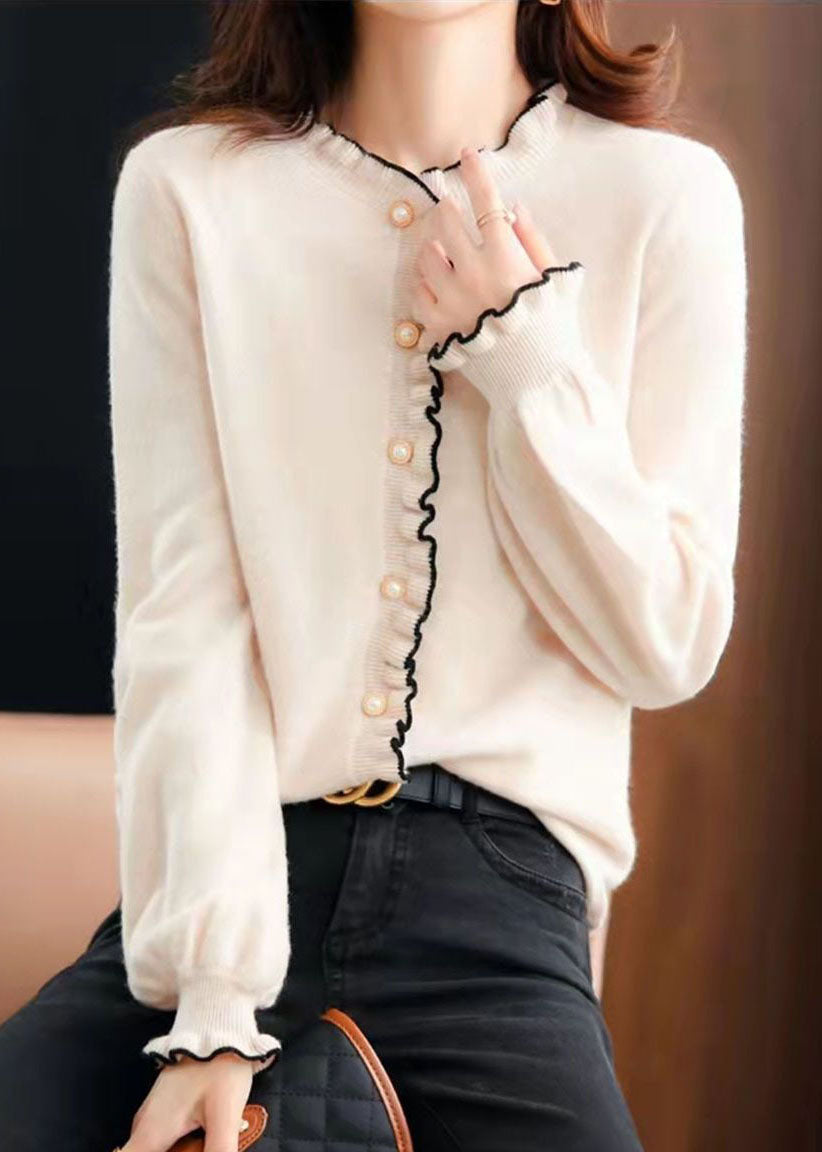 Italian White O-neck Ruffled Pearl Button Knit Cardigan Winter