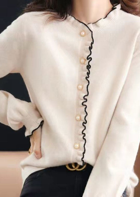 Italian White O-neck Ruffled Pearl Button Knit Cardigan Winter