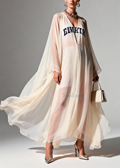 Italian White Oversized Letter Print Chiffon Vacation Dresses Summer