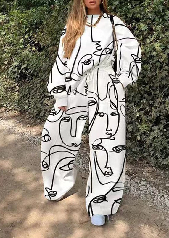 Italian White Print Top and Wide Leg Pants Two Piece Set Spring