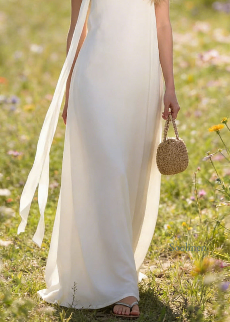 Italian White Simple Chiffon Spaghetti Strap Dress Summer