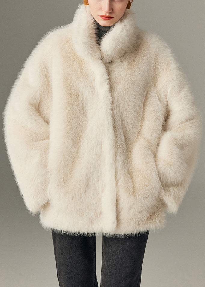 Italian White Stand Collar Pockets Leather and Fur Coat Winter