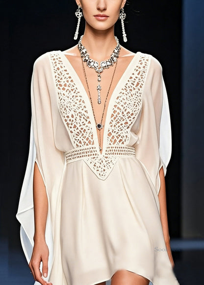 Italian White V Neck Hollow Out Chiffon Mid Dress Batwing Sleeve