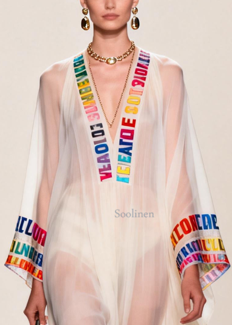 Italian White V Neck Letter Print Chiffon Sheer Dress Summer
