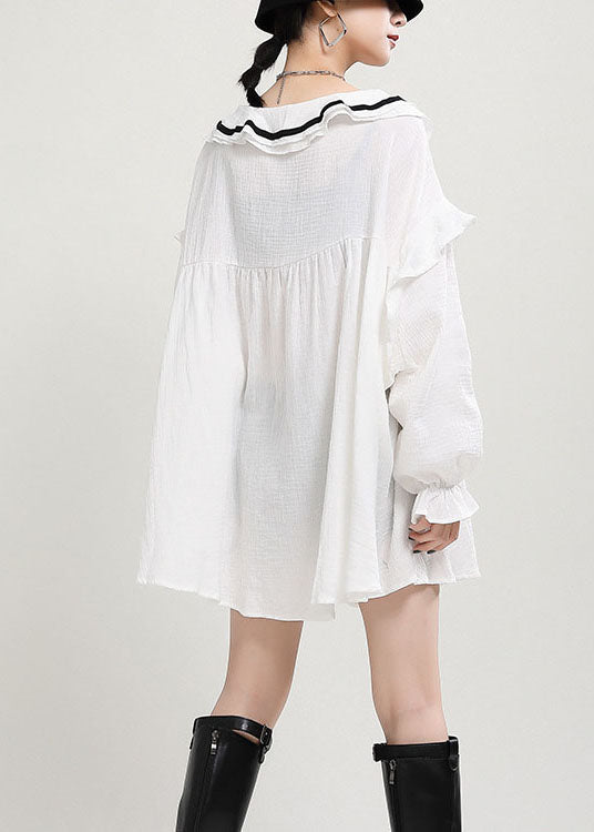 Italian White V Neck Loose Patchwork Fall Long Sleeve Dress