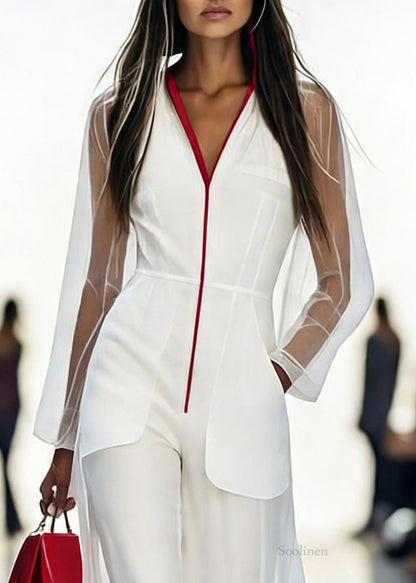 Italian White V Neck Pockets Tulle Jumpsuits Pants Spring