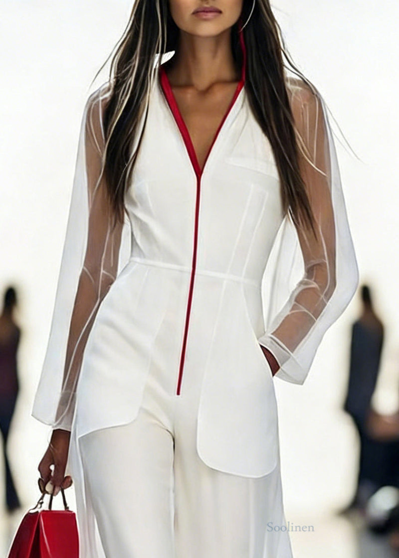 Italian White V Neck Pockets Tulle Jumpsuits Pants Spring