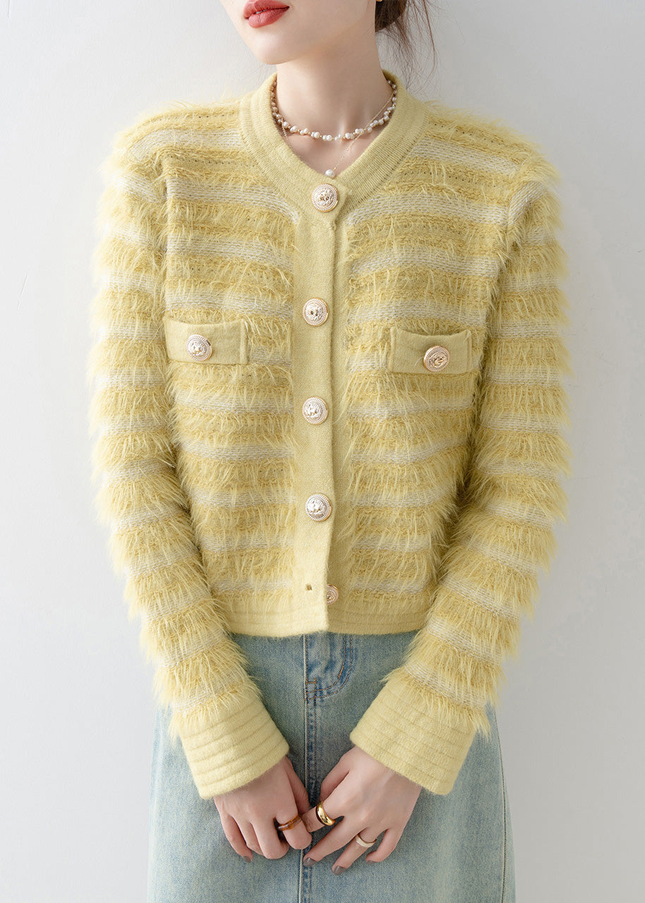 Italian Yellow O Neck Button Mink Hair Knitted Cardigans Spring