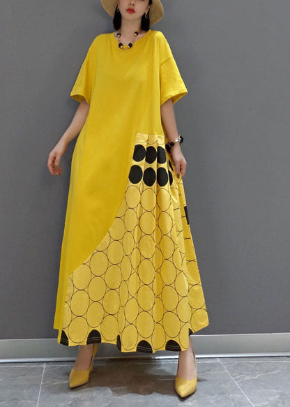 Italian Yellow O-neck Wrinkled Patchwork Maxi Dresses Spring