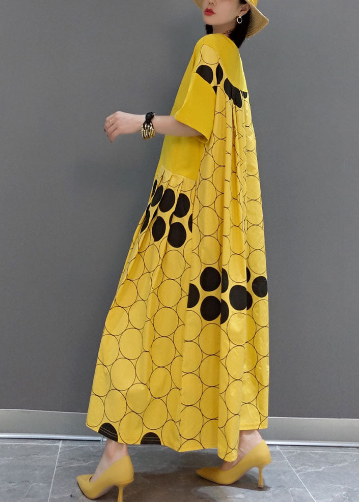 Italian Yellow O-neck Wrinkled Patchwork Maxi Dresses Spring