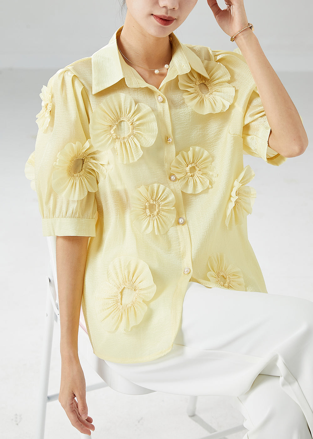 Italian Yellow Peter Pan Collar Cotton Shirt Top Summer