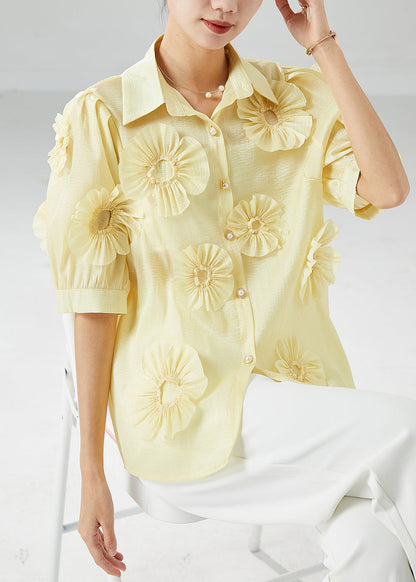 Italian Yellow Peter Pan Collar Cotton Shirt Top Summer