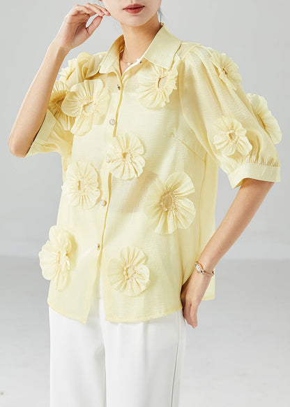 Italian Yellow Peter Pan Collar Cotton Shirt Top Summer