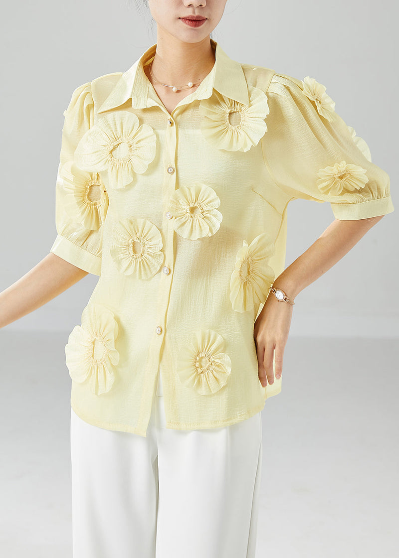 Italian Yellow Peter Pan Collar Cotton Shirt Top Summer