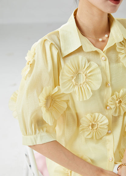 Italian Yellow Peter Pan Collar Cotton Shirt Top Summer